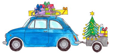 Eski moda bir bagaj rafında Noel hediyeleri olan küçük İtalyan retro arabası ve el boyaması suluboya bir römork.