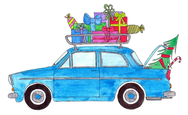 Voiture Rétro Bleue Avec Cadeaux Noël Dans Porte Bagages Ancienne — Photo