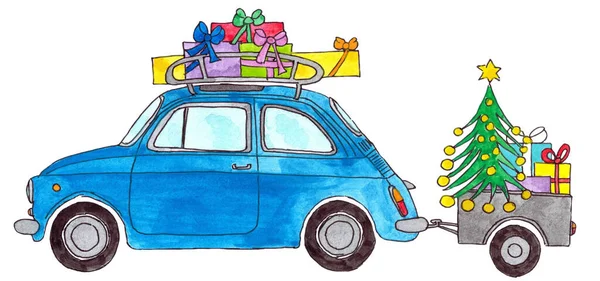 Petite Voiture Rétro Italienne Avec Cadeaux Noël Dans Porte Bagages — Photo