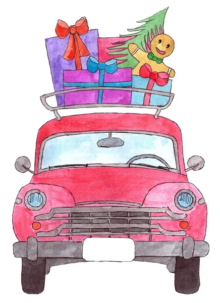 Coche Retro Con Regalos Navidad Portaequipajes Antigua Acuarela Pintada Mano — Foto de Stock