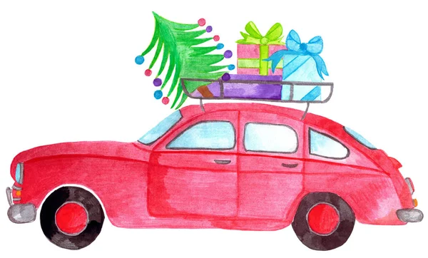 Coche Retro Con Regalos Navidad Portaequipajes Antigua Acuarela Pintada Mano — Foto de Stock