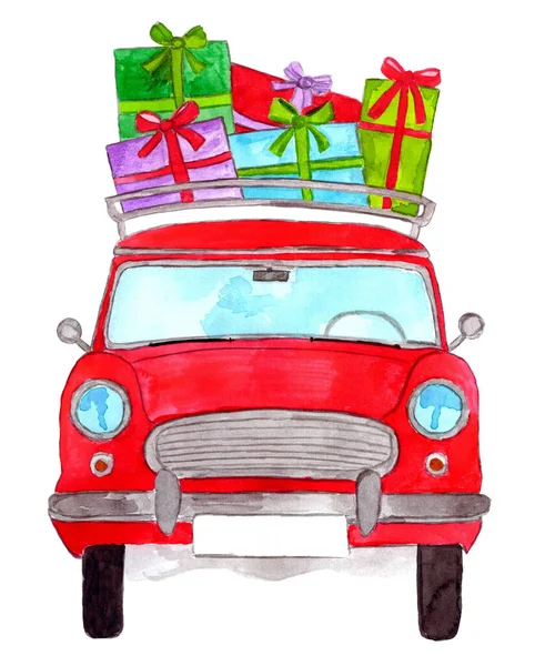 古いスタイルの荷物ラックでクリスマスプレゼントとレトロな車 手塗りの水彩画 — ストック写真