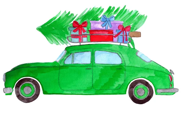 带有圣诞礼物的复古汽车和装在老式行李架中的一棵树 手绘水彩画 — 图库照片