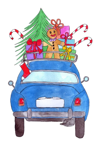 Retro Auto Mit Weihnachtsgeschenken Einem Altmodischen Gepäckträger Handbemalt Aquarell — Stockfoto