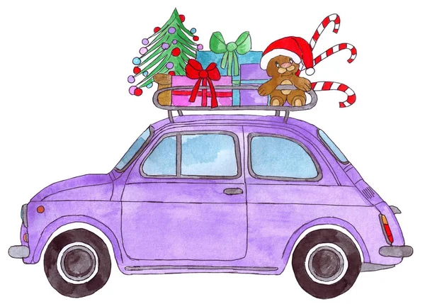 Pequeno Carro Roxo Italiano Com Presentes Natal Rack Bagagem Moda — Fotografia de Stock