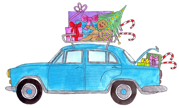 Carro Retro Azul Com Presentes Natal Rack Bagagem Moda Antiga — Fotografia de Stock