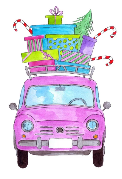 粉红复古汽车 圣诞礼物装在老式行李架上 手绘水彩画 — 图库照片