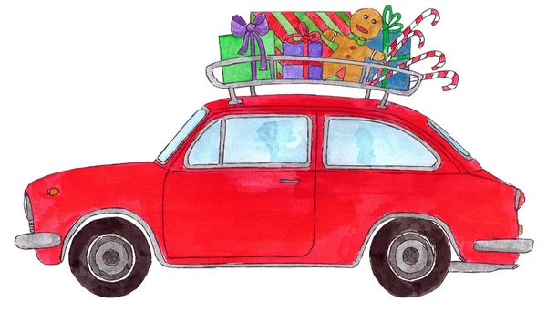 Voiture Rétro Avec Cadeaux Noël Dans Porte Bagages Ancienne Aquarelle — Photo