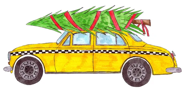 复古的纽约黄色出租车 屋顶上挂着圣诞树 手绘水彩画 — 图库照片