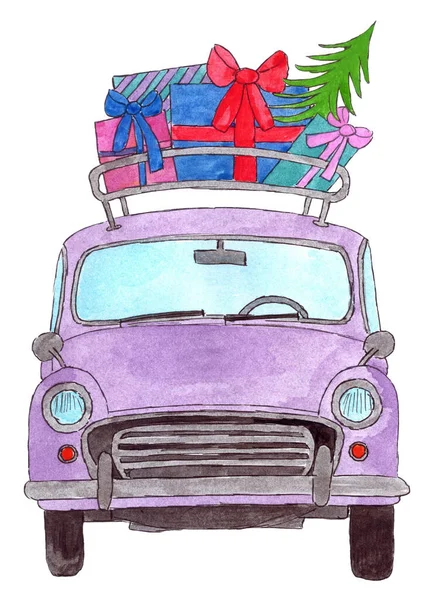 Voiture Rétro Avec Cadeaux Noël Dans Porte Bagages Ancienne Aquarelle — Photo