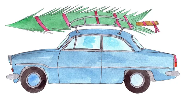 クリスマスツリーとレトロブルーの車 手描き水彩画 — ストック写真