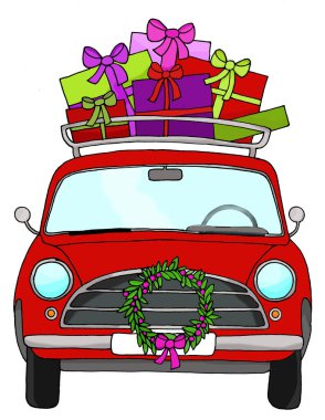 Eski moda bir bagaj rafında Noel hediyeleri olan eski model bir araba.