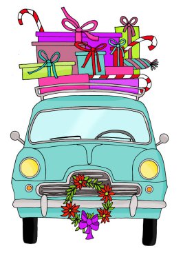 Eski moda bir bagaj rafında Noel hediyeleri olan eski model bir araba.