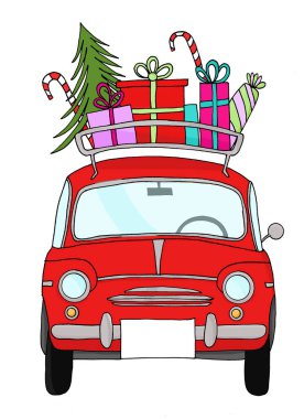 Eski moda bir bagaj rafında Noel hediyeleri olan eski model bir araba.