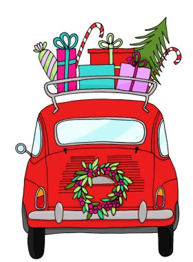 Eski moda bir bagaj rafında Noel hediyeleri olan eski model bir araba.