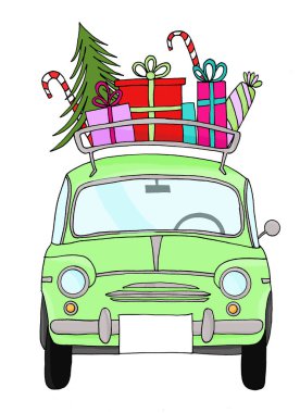 Eski moda bir bagaj rafında Noel hediyeleri olan eski model bir araba.