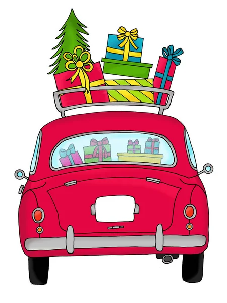 Carro Retro Com Presentes Natal Rack Bagagem Moda Antiga — Fotografia de Stock