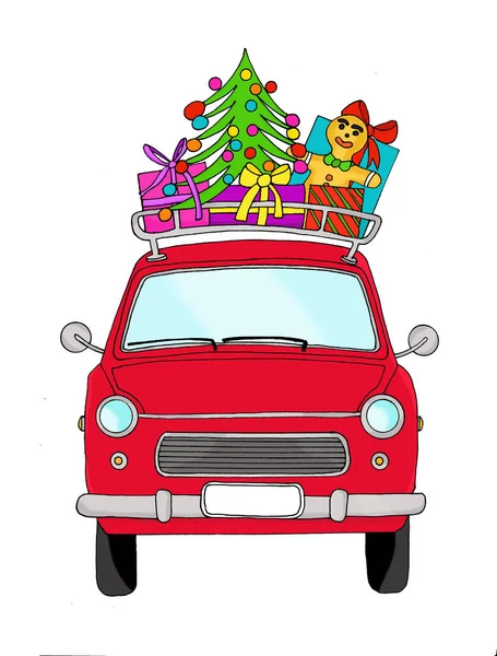 Retro Autó Karácsonyi Ajándékokkal Egy Régimódi Csomagtartón — Stock Fotó