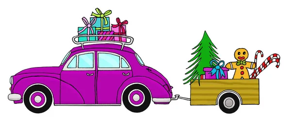 Ретро Машина Рождественскими Подарками Старомодной Багажной Полке — стоковое фото