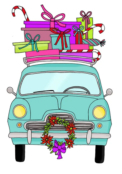 レトロな車でクリスマスの贈り物古いスタイルの荷物ラック — ストック写真