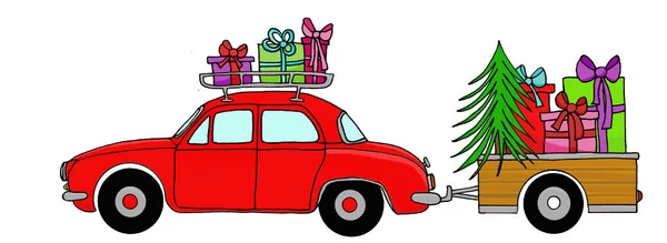 Carro Retro Com Presentes Natal Rack Bagagem Moda Antiga — Fotografia de Stock