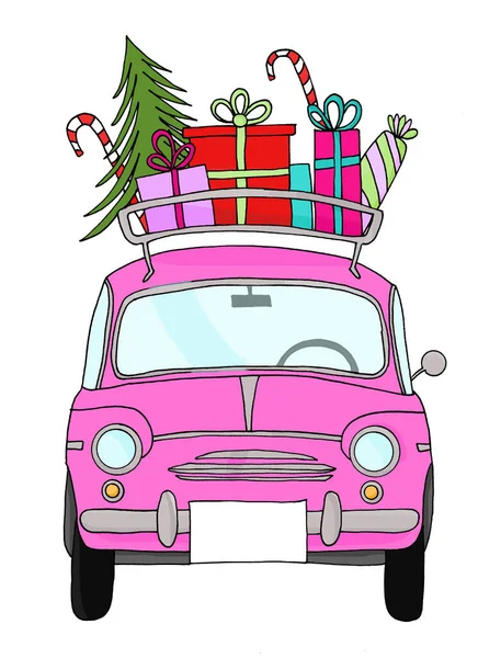 Voiture Rétro Avec Cadeaux Noël Sur Porte Bagages Ancienne — Photo