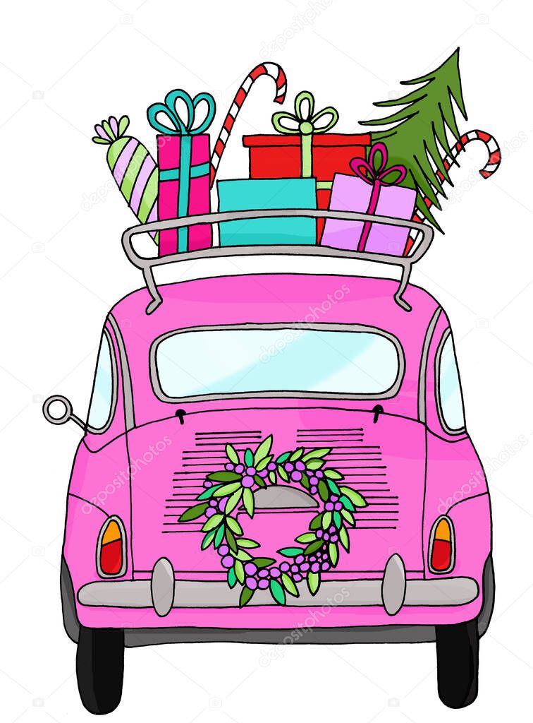 Retro car with Christmas gifts on an old fashioned luggage rack