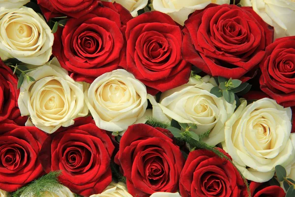 红色和白色的玫瑰花，在婚礼的安排 — 图库照片