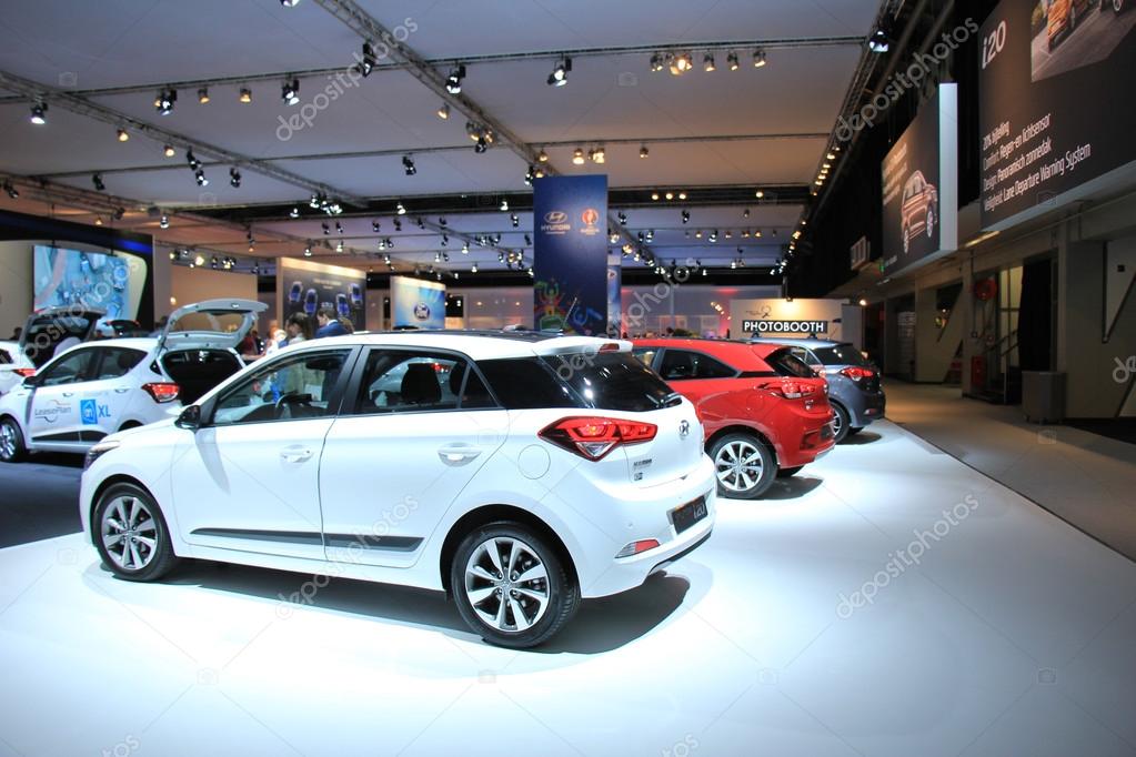 Amsterdam, The Netherlands - April 23, 2015: Hyundai stand at the 2015 Amsterdam AutoRAI motorshow. The 2015 Amsterdam motorshow was running from April 17 until April 26, in the RAI event center in Amsterdam, The Netherlands.