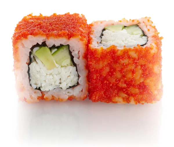 Sushi japonés con carne de cangrejo, pepino, aguacate y caviar rojo — Foto de Stock