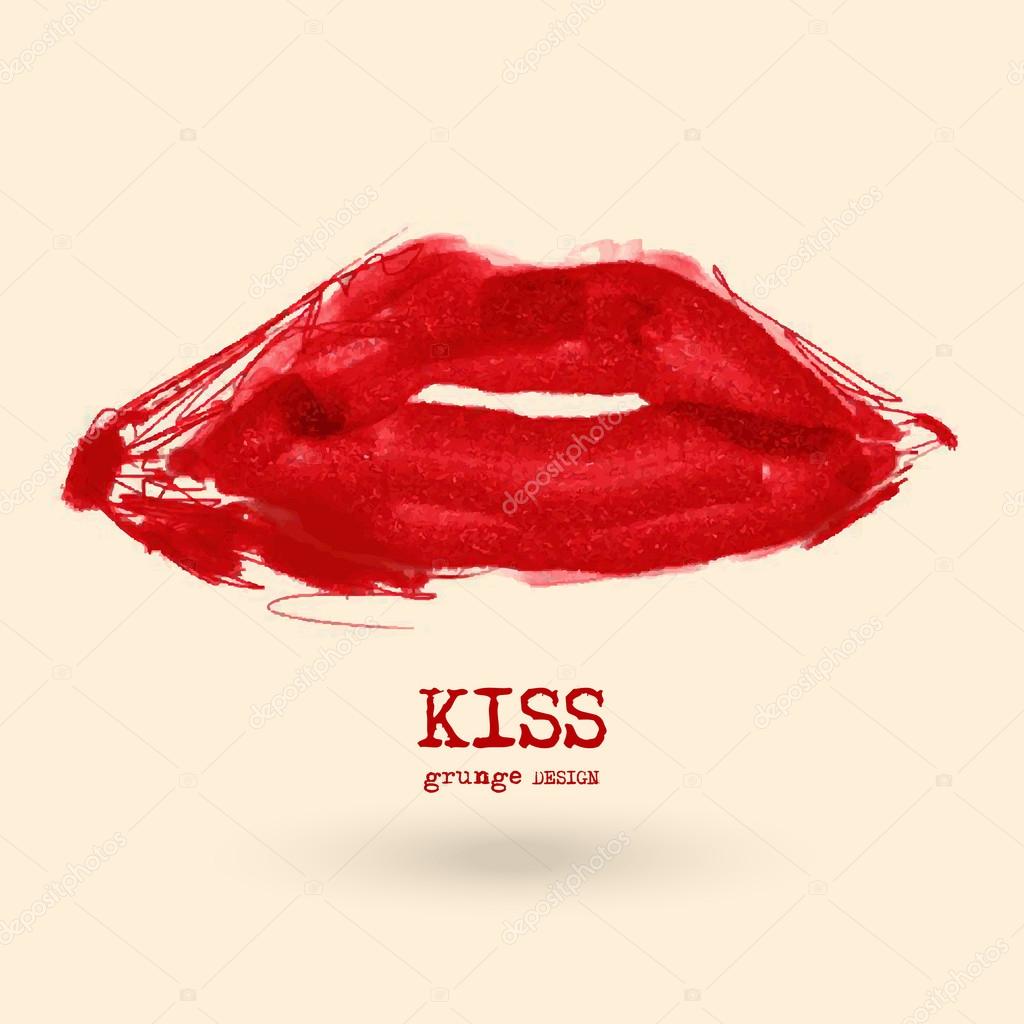 Painted Red Lips. Abstract design. Grunge love element. Usable banner, cards, posters, label, logo, badge. Wallpaper with empty space for your text. Vector illustration.