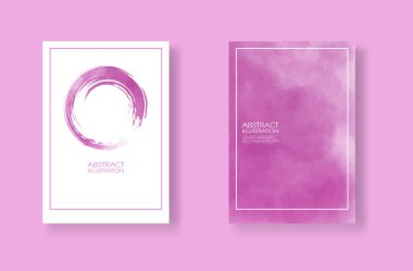 Suluboya elementli kartlar hazır. Tasarımınız için pembe arka planda elle çizilmiş afişler. Randevun için tasarım, kartpostal, pankart, logo. Vektör illüstrasyonu.