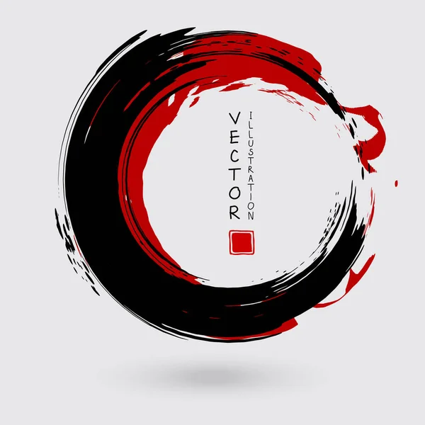 Beyaz Arka Planda Siyah Kırmızı Mürekkep Japon Tarzı Grunge Circle — Stok Vektör