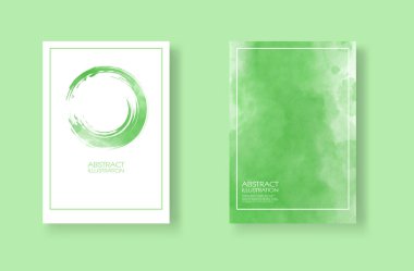 Suluboya elementli kartlar hazır. Tasarımınız için yeşil arkaplana elle çizilmiş pankartlar. Randevun için tasarım, kartpostal, pankart, logo. Vektör illüstrasyonu.