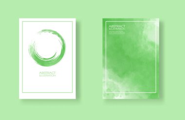 Suluboya elementli kartlar hazır. Tasarımınız için yeşil arkaplana elle çizilmiş pankartlar. Randevun için tasarım, kartpostal, pankart, logo. Vektör illüstrasyonu.