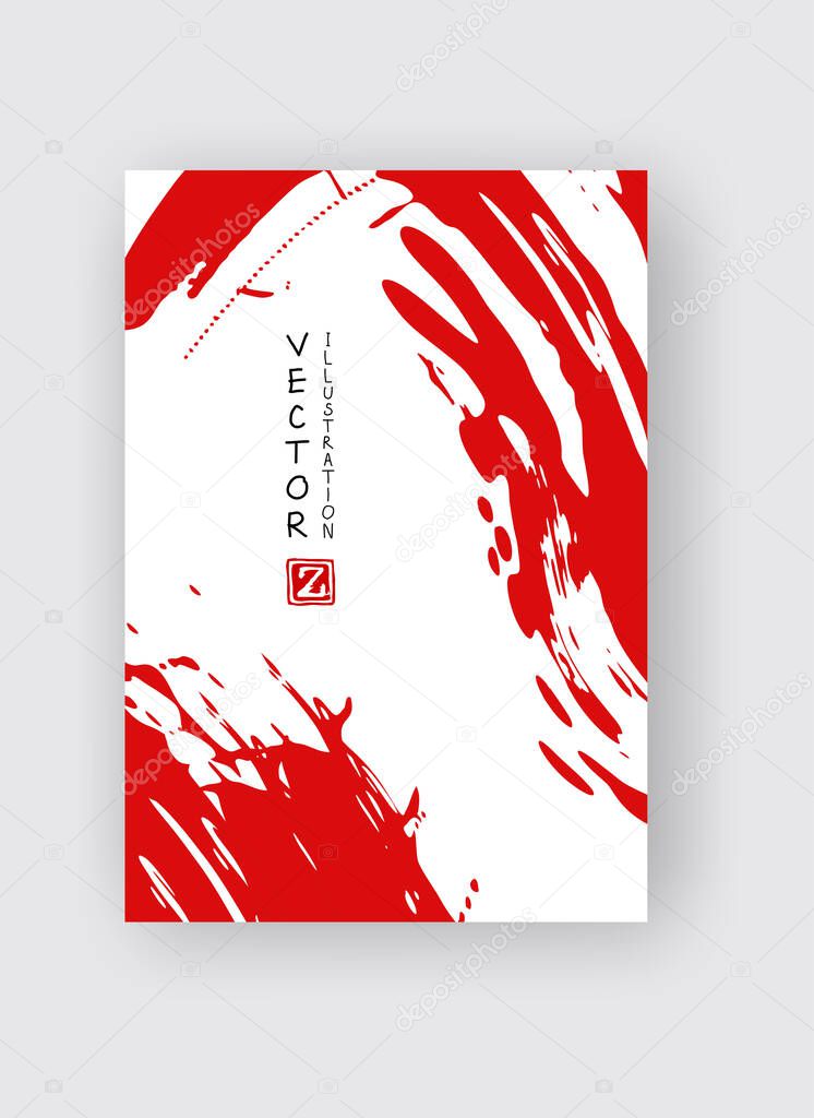 Red ink brush stroke on white background. Japanese style. Vector illustration of grunge stains