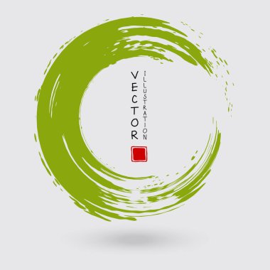 Beyaz arka planda yeşil mürekkep izi. Japon tarzı. Grunge Circle lekelerinin vektör illüstrasyonu