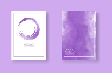 Suluboya elementli kartlar hazır. Mor arka planda tasarımın için el çizimi afişler. Randevun için tasarım, kartpostal, pankart, logo. Vektör illüstrasyonu.