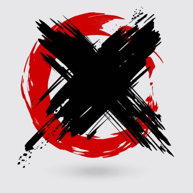 Siyah ve kırmızı mürekkep, beyaz arka planda çapraz vuruş yapıyor. Japon tarzı. Grunge Circle lekelerinin vektör illüstrasyonu