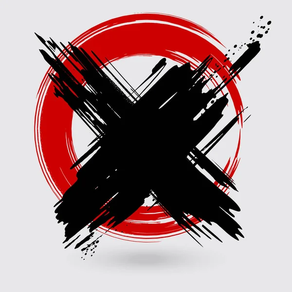 Zwarte Rode Inkt Rond Kruis Slag Witte Achtergrond Japanse Stijl — Stockvector