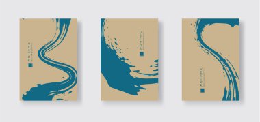 Renkli arka planda mavi mürekkep fırçası darbesi. Japon tarzı. Grunge dalgası lekelerinin vektör illüstrasyonu. Vektör fırçaları resimleme.