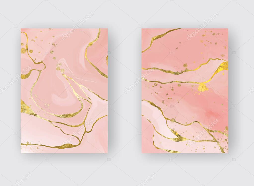 High quality vector Alcohol ink shape in tender pink and gold colors. Vector abstract painting. Wedding decoration. Pink paint art with golden glitter elements. Delicate liquid flow.