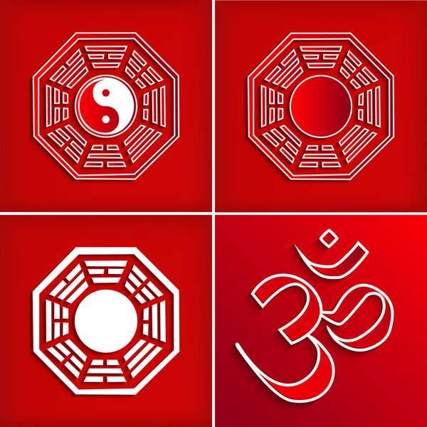 Chinese religion symbol set on red - vector illustration