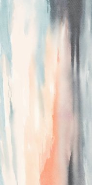 Mavi, bej ve şeftali tonları ile yumuşak katmanlı suluboya manzara, sakin atmosfer, derinlik ve nazik hareket çağrıştırıyor. vektör