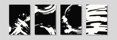 Modern vektör posteri veya arka plan olarak tasarlanmış koyu siyah ve beyaz fırça darbeleriyle soyut boya sıçrama kompozisyonları.
