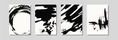 Modern vektör posteri veya arka plan olarak tasarlanmış koyu siyah ve beyaz fırça darbeleriyle soyut boya sıçrama kompozisyonları.