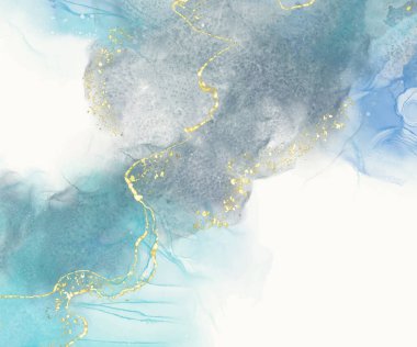 Yumuşak mavi tonlarda, akıcı dokular ve altın aksanlı zarif suluboya kompozisyonu, lüks, sakin ve yaratıcı arka planlar için idealdir. vektör