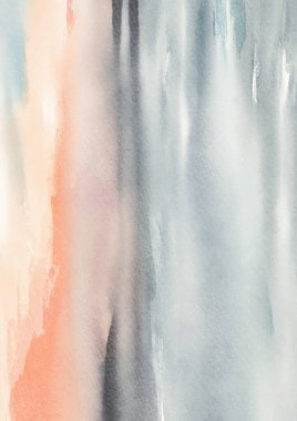 Mavi, bej ve şeftali tonları ile yumuşak katmanlı suluboya manzara, sakin atmosfer, derinlik ve nazik hareket çağrıştırıyor. vektör