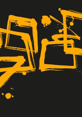 Sarı mürekkep fırçası darbeleri ve siyah arkaplan üzerine sıçrayan elementler içeren cesur soyut vektör afişi, modern, sanatsal ve kenar tasarım kullanımı için idealdir.