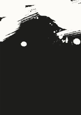 Siyah ve beyaz mürekkep sıçramaları ve fırça darbeleri soyut illüstrasyon, posterler, afişler ve modern tasarım için minimum vektör arkaplanı oluşturur.